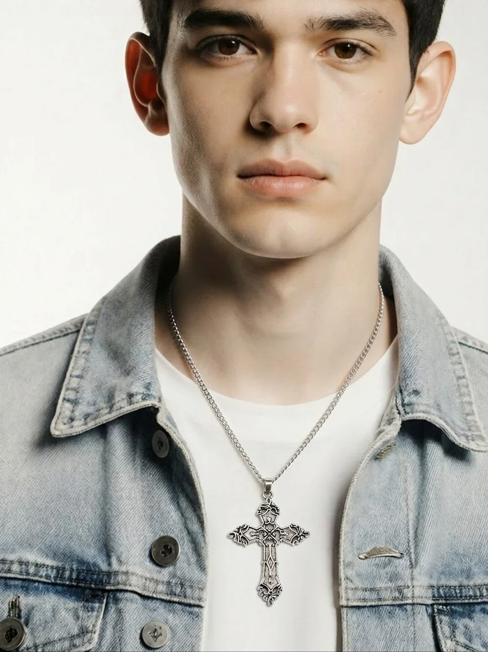 Silver Gothic Filigree Cross Necklace Stainless Steel Pendant Y2K Punk Men's 24